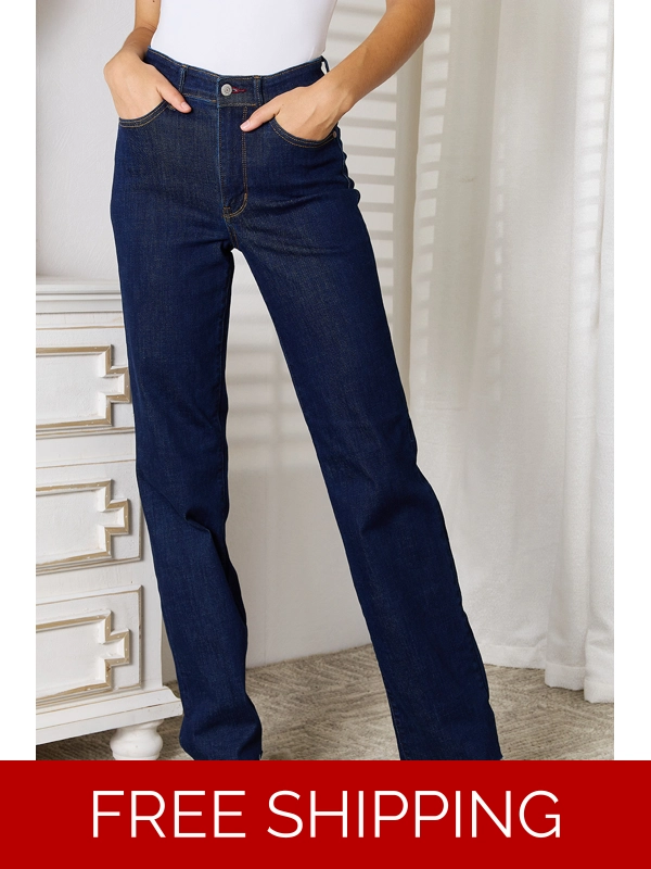 Judy Blue Full Size Raw Hem Straight Leg Jeans with Pockets